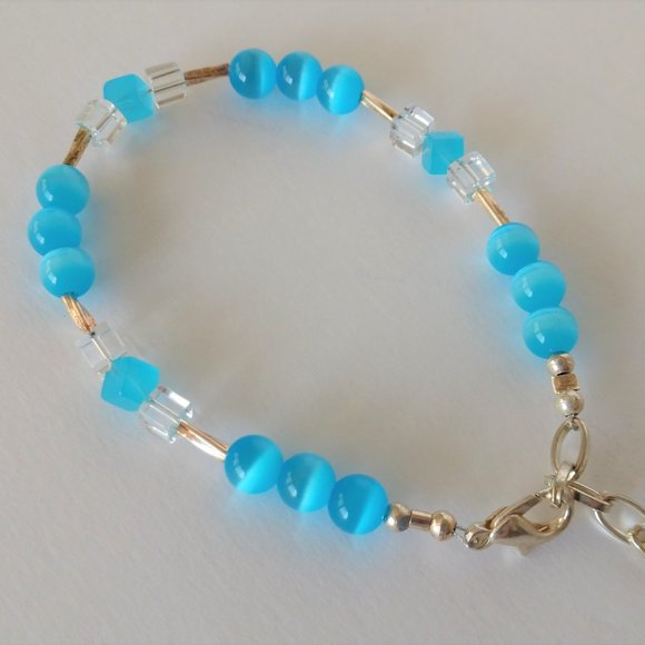 Aqua Blue Beaded Bracelet with Banded Agate Beads Handmade 8 inches - Picture 6 of 16